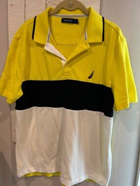 Nautica Yellow Navy White Colorblock Polo